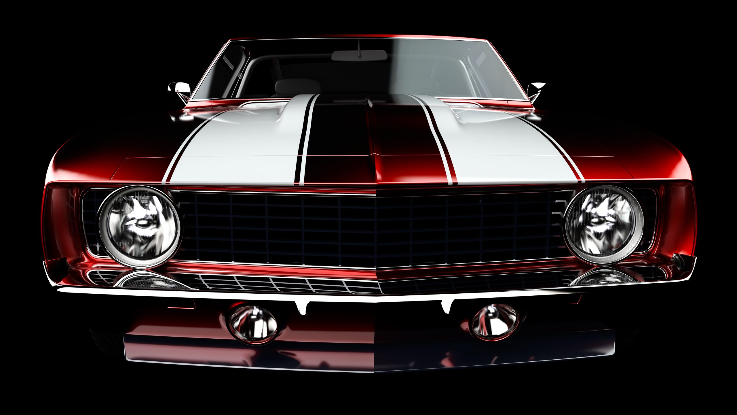 3D illustration. Muscle red car rendering isolated on black back